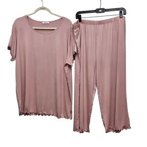 Joyaria Pajama Set Women XXL‎ Pink Bamboo Cooling Capri Lettuce Edge Sleepwear